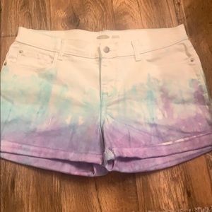 Blue, purple, and white tie dyed denim shorts